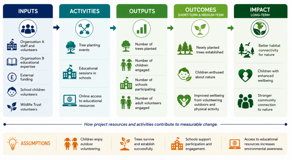 A simple logic model to illustrate the key logical component of a project: Inputs, Activities, Outputs, Outcomes
